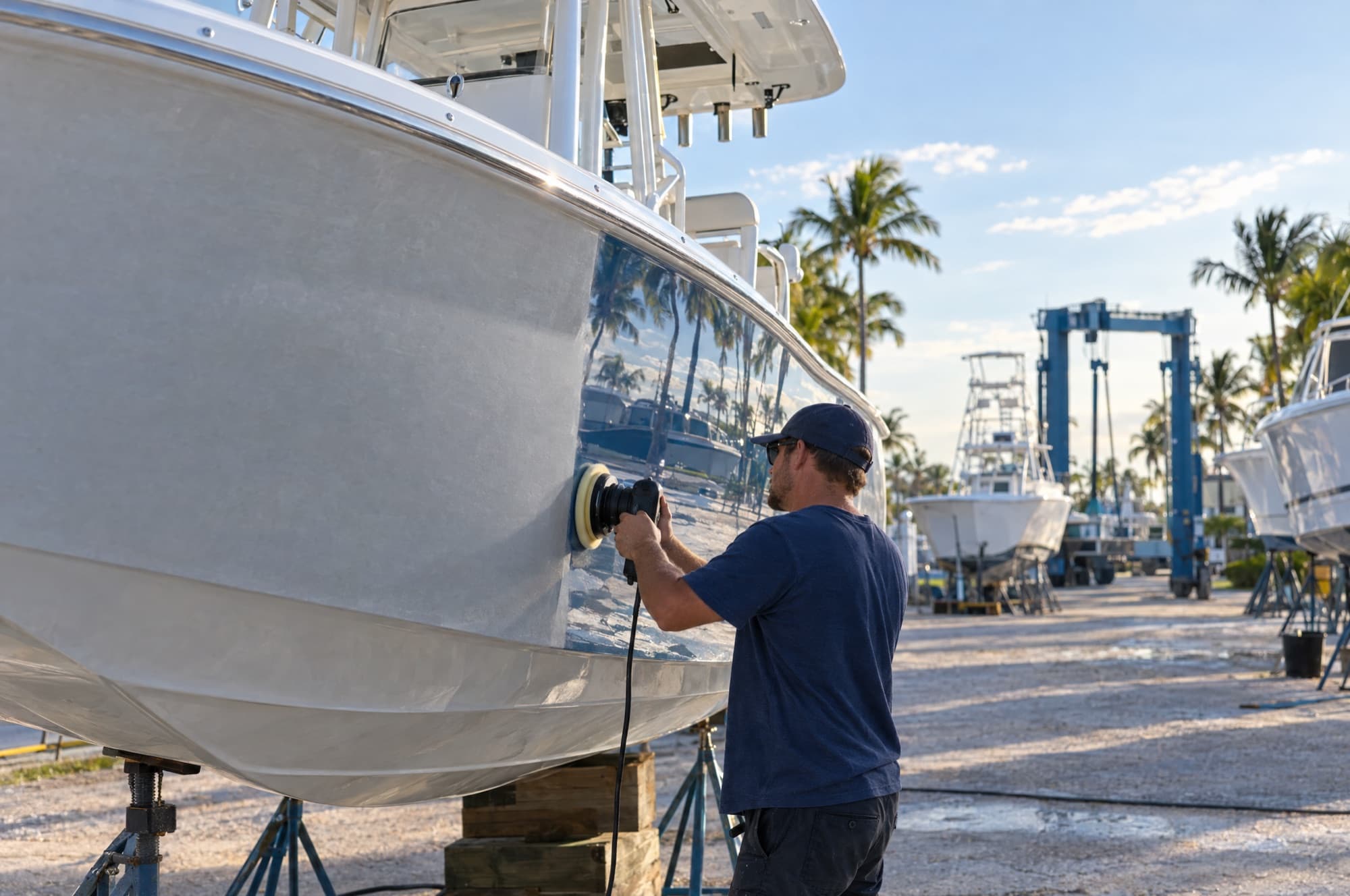 Illustration: a detailer machine-polishing the white topsides of a center-console boat on stands in a sunny boat yard, the polished half of the hull mirroring the palm trees and sky