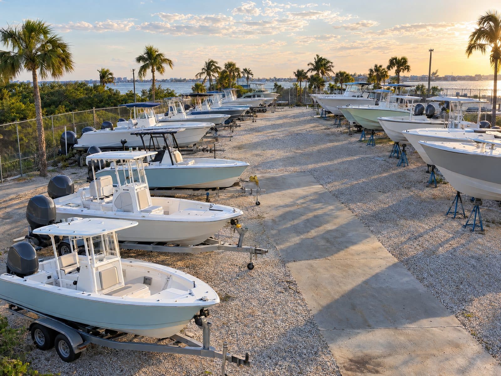 Rows of center-console and bay boats stored on trailers and jack stands in a fenced boat yard lot with palm trees in late afternoon light
