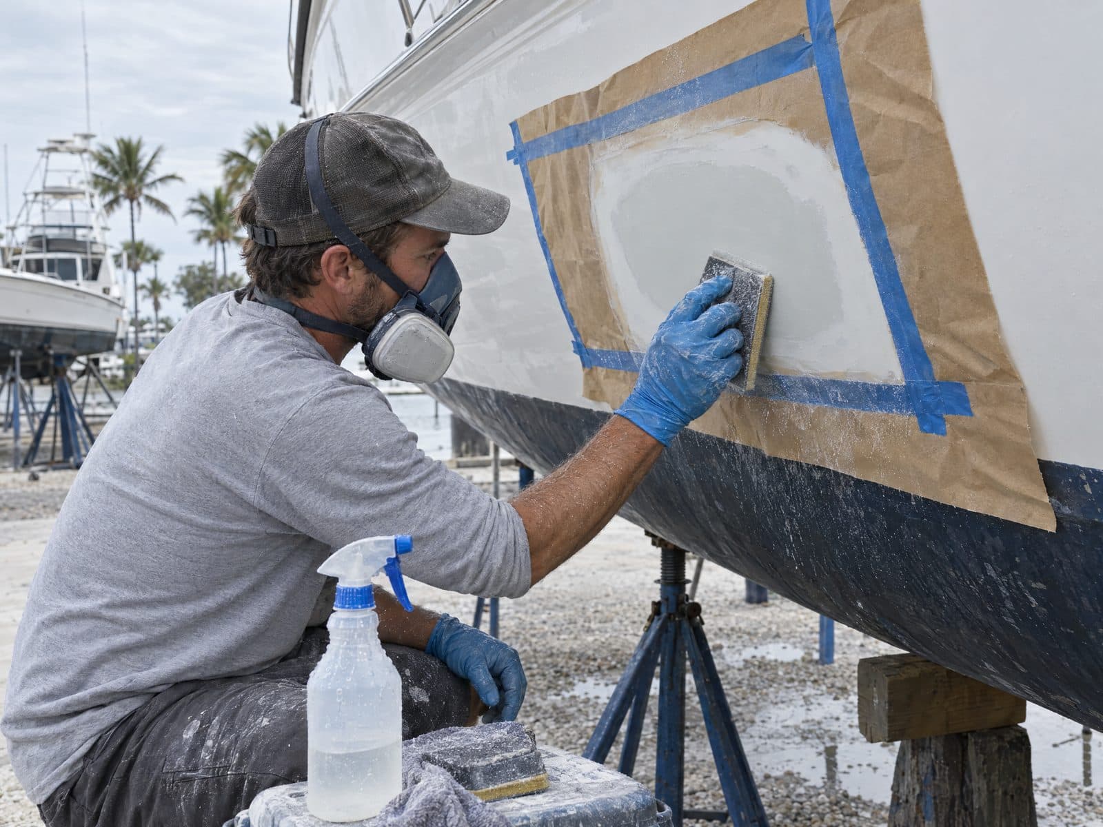 A technician in a respirator wet-sanding a gel coat repair on the white side of a boat hull, masking paper around the patch