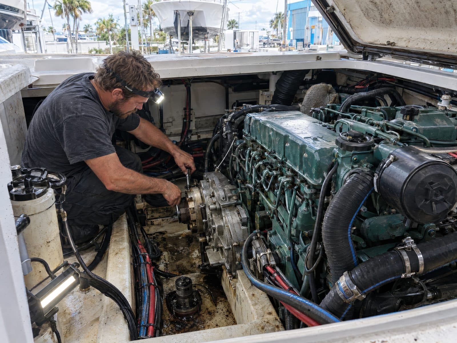 A mechanic with a headlamp working on a marine diesel engine and its transmission inside the engine compartment of a fishing boat