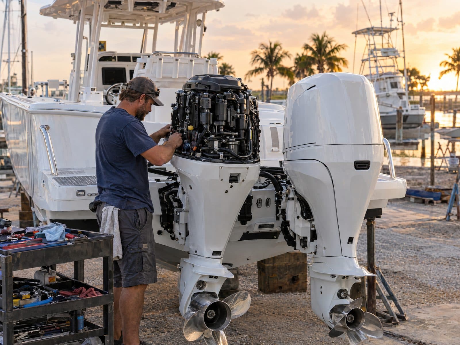 A marine mechanic working on a pair of large white outboard engines on the back of a center-console boat, one engine cover off and tools on a cart