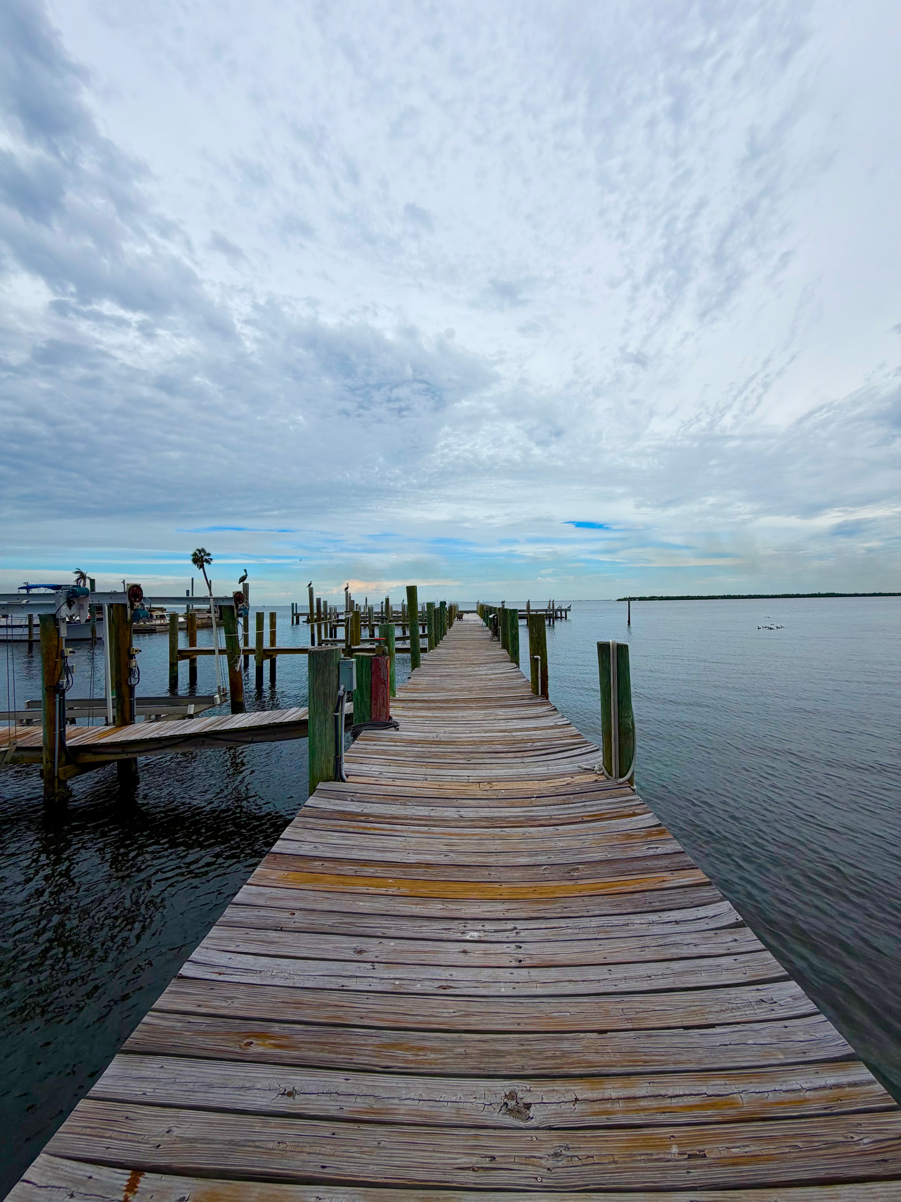 Long wooden dock walkway extending into the Manatee River
